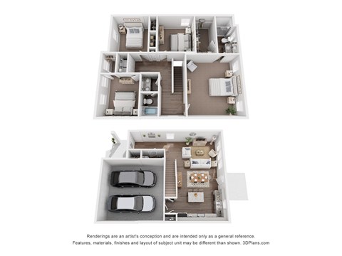 a stylized 3d floor plan of a house with a bedroom and a kitchen